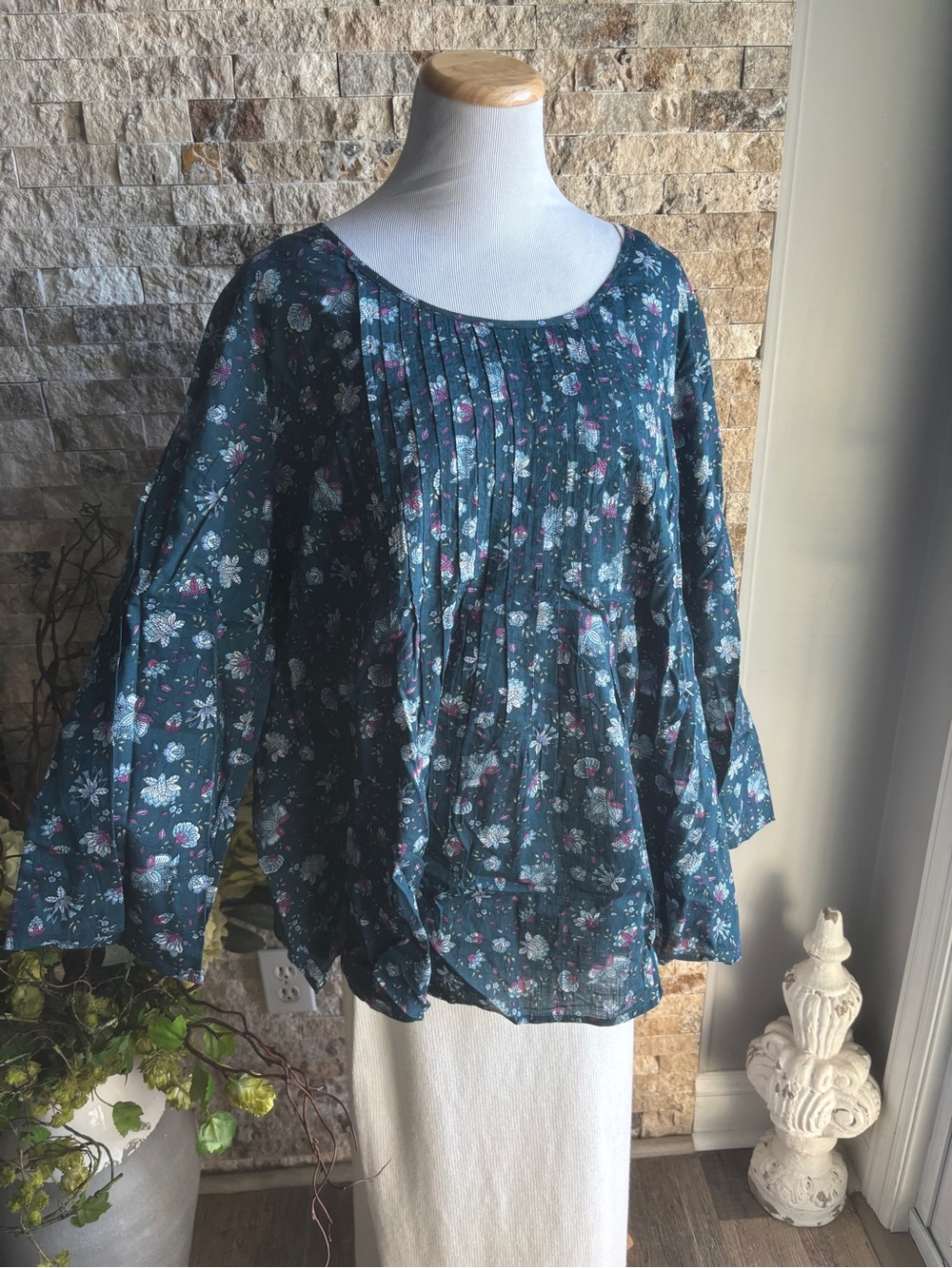 J. Jill Teal Floral Pintuck Peasant Top
